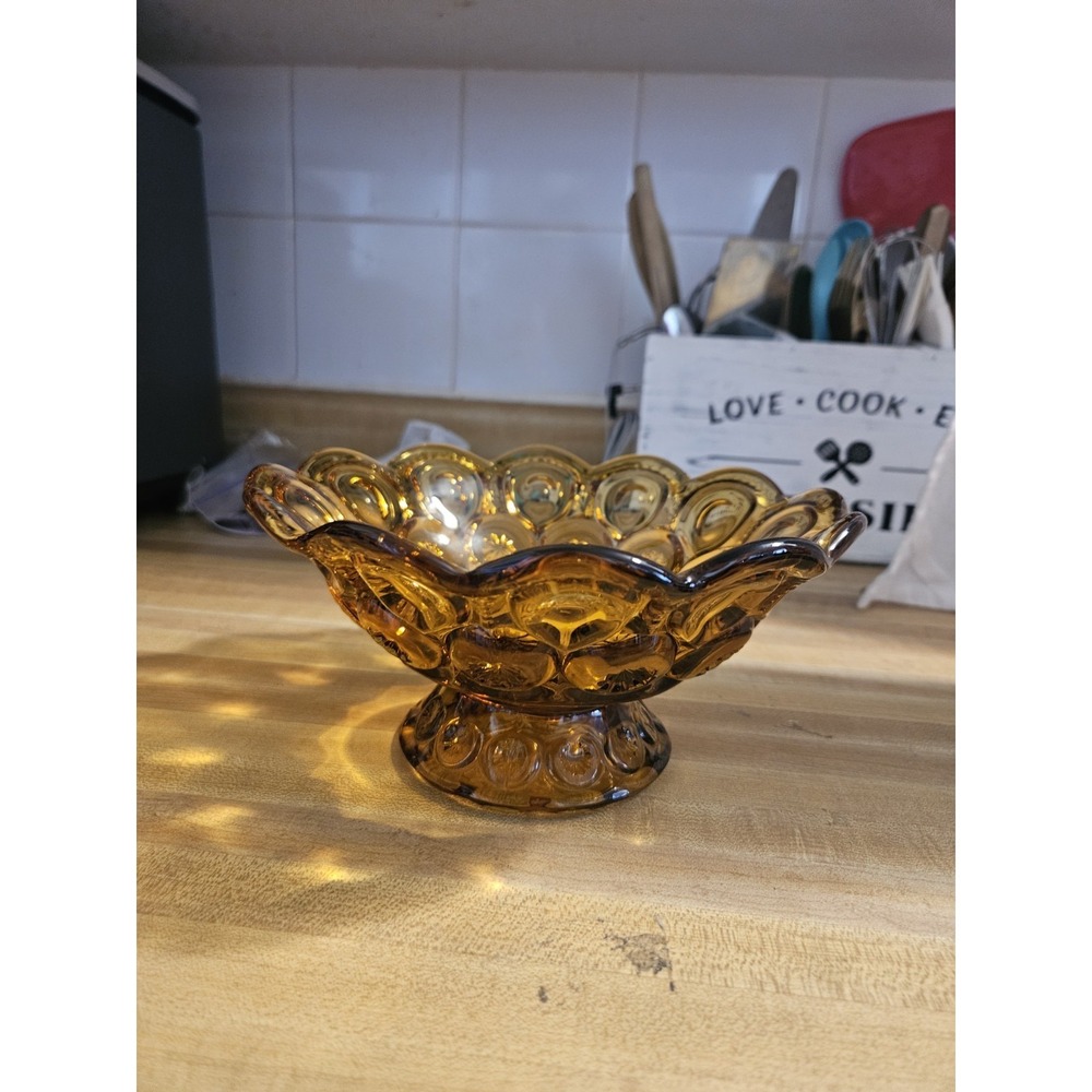 Vintage LE Smith Glass Bowl Scalloped Amber Color Moon And Stars 8" Diameter